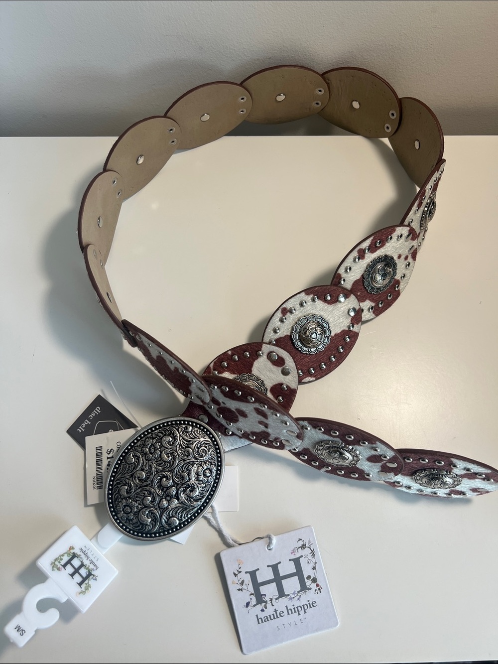 Haute Hippie Brown and White Scalloped Leather Belt with Ornate Silver Buckle